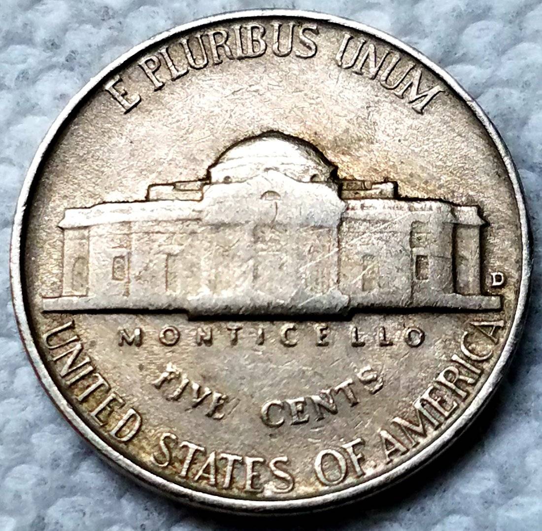 1953-D-Jefferson-Nickel-Struck-Through-Metal-Attached-@-